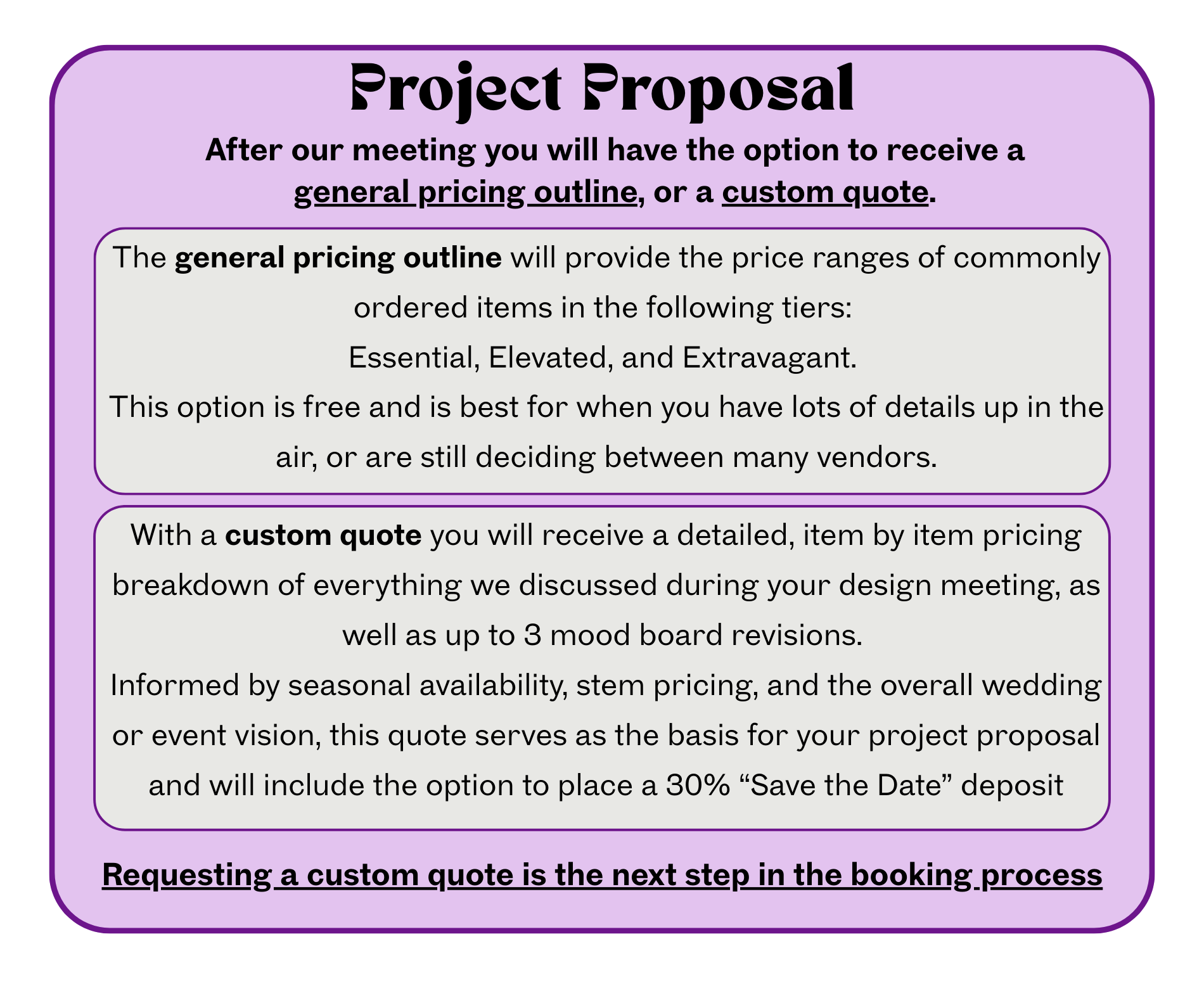Project Proposal After our meeting you will have the option to receive a general pricing outline, or a custom quote. Requesting a custom quote is the next step in the booking process